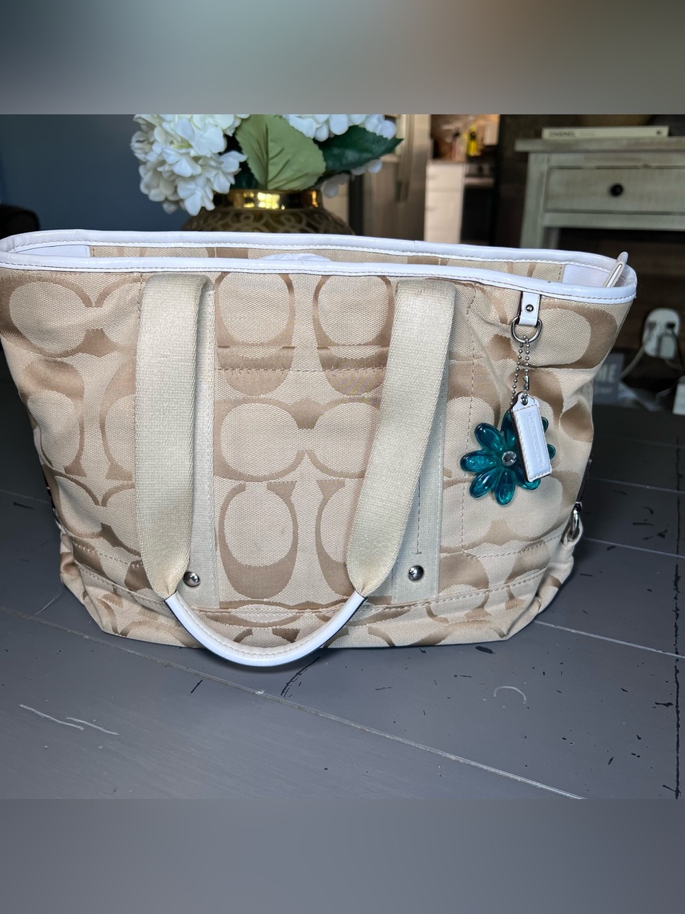 Coach Beige Signature Tote Bag with Teal Flower Charm